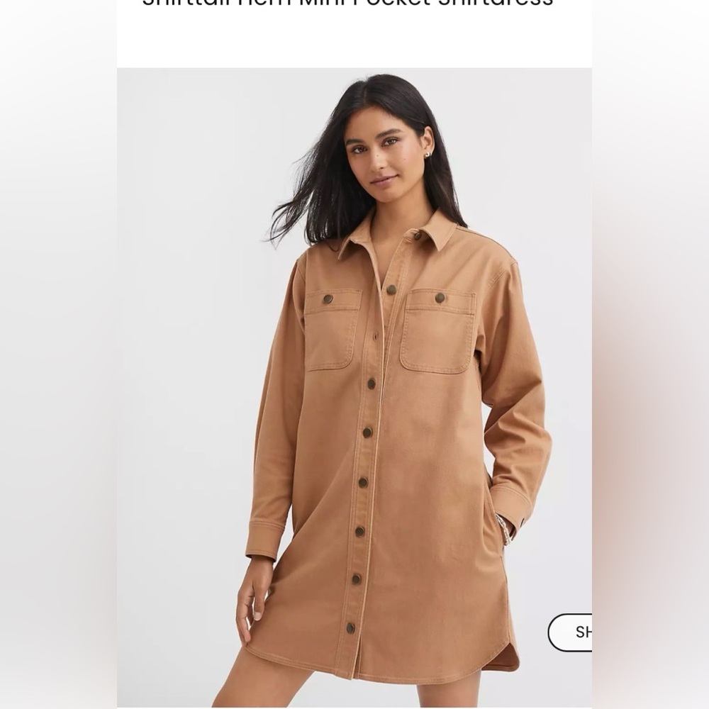 LOFT Tan Button-Up Shirt Dress Shirttail Hem Mini Pocket Shirtdress size 16 NEW